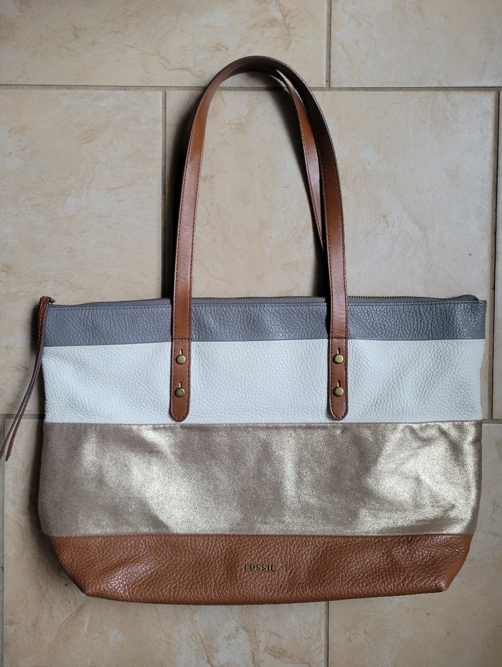 Fossil Tote Bag in Gray, White, Gold & Brown